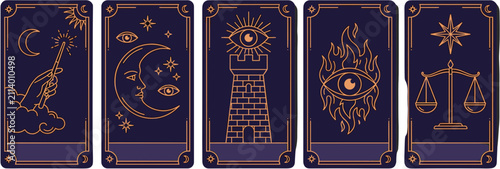Mystical Tarot Card Set with Celestial and Esoteric Symbols in Gold and Purple.