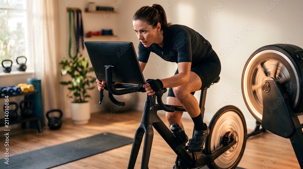 Obraz premium Determined athletic woman training on a connected smart exercise bike at home