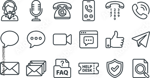 Bild auf Leinwand Customer Support and Call Center Line Icon Set with Telemarketing Operator Micro