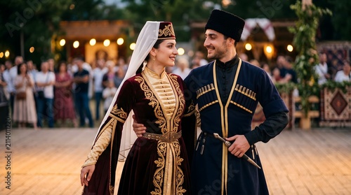 Georgian couple in traditional clothing smiling during Kartuli dance festival