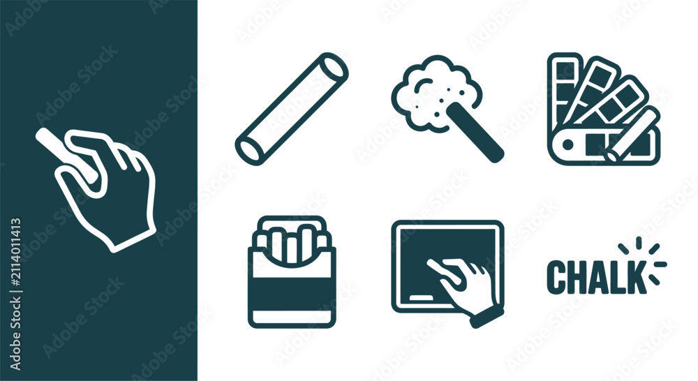 Fototapeta premium Minimalist Dark Teal Chalk Icon Set Featuring Chalk Sticks, Dust Cloud, Color Palette, Box, Hand Writing on Blackboard, and Chalk Typography in Flat Vector Style on White Background.