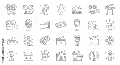 Fotografía Cinema icons represent movie theater experiences including film reels, popcorn buckets, and projectors