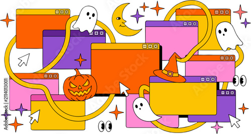 Retro Halloween Digital Interface Illustration with Ghosts Pumpkin and Moon.