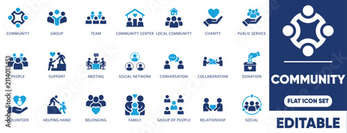 Flat community and charity icon set with support, volunteer, donation, team, and social vectors. Editable.