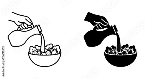 Pouring Salad Dressing, Hand Adding Liquid to Bowl of Greens, Healthy Food Preparation Icons