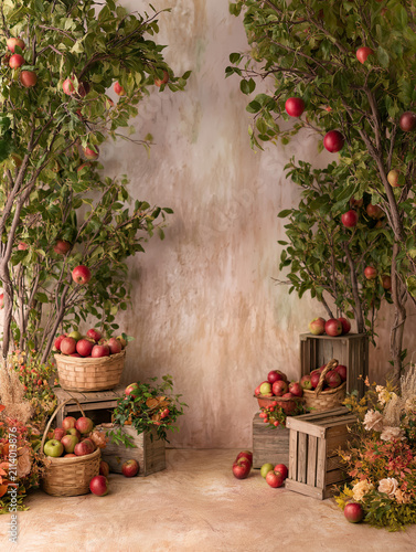 Rustic Autumn Apple Orchard Background