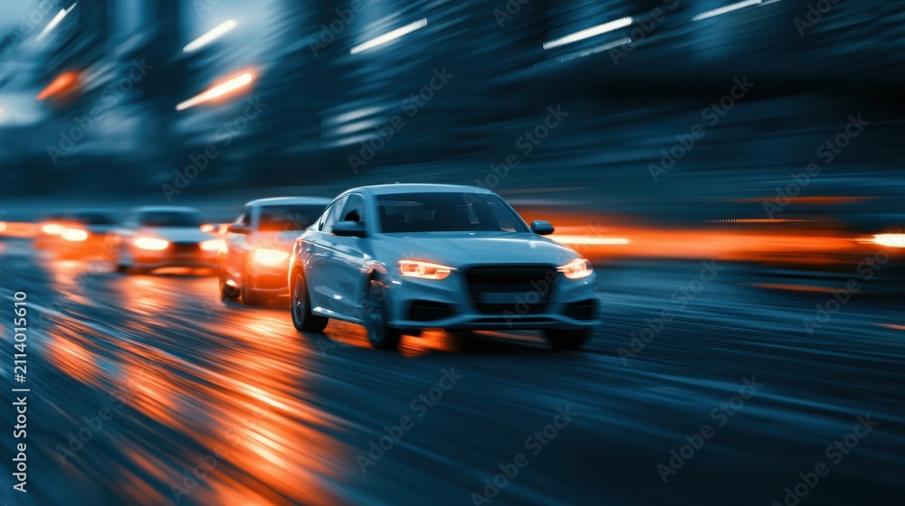 Fototapeta premium Three cars speeding on a wet city street at night, with motion blur and vibrant light trails creating a dynamic, fast-paced urban scene.