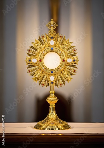 A detailed golden monstrance holds a white consecrated host, displayed on an altar with soft lighting highlighting the ornate metalwork, gleaming, spiritual, devotion