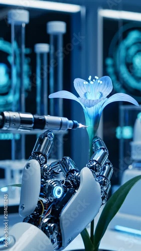 Futuristic Robotic Hand Conducting Scientific Experiment on Glowing Bioengineered Flower in High Tech Lab