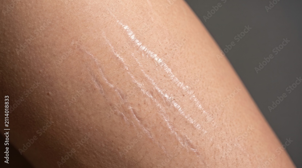 Fototapeta premium Close up shot of mature white pale striae alba mature stretch marks scars on skin