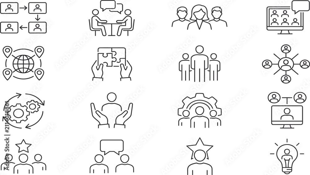 Fototapeta premium Business teamwork and corporate management thin line icon vector set featuring collaboration meeting leadership puzzle and network elements isolated on white