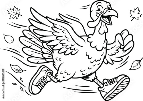 A funny cartoon turkey wearing sneakers running fast through autumn leaves for a thanksgiving holiday coloring page
