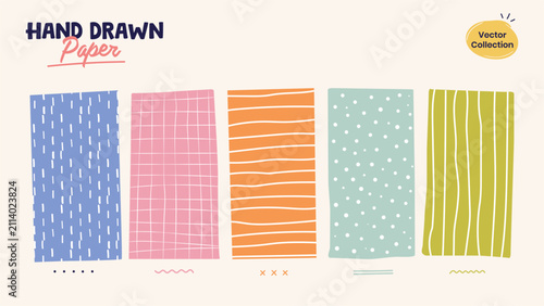 Hand drawn paper texture collection with colorful seamless abstract patterns isolated on white background