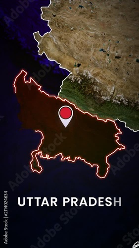 Uttar Pradesh Map Animation, Uttar Pradesh Location Pin, India State Map Vertical