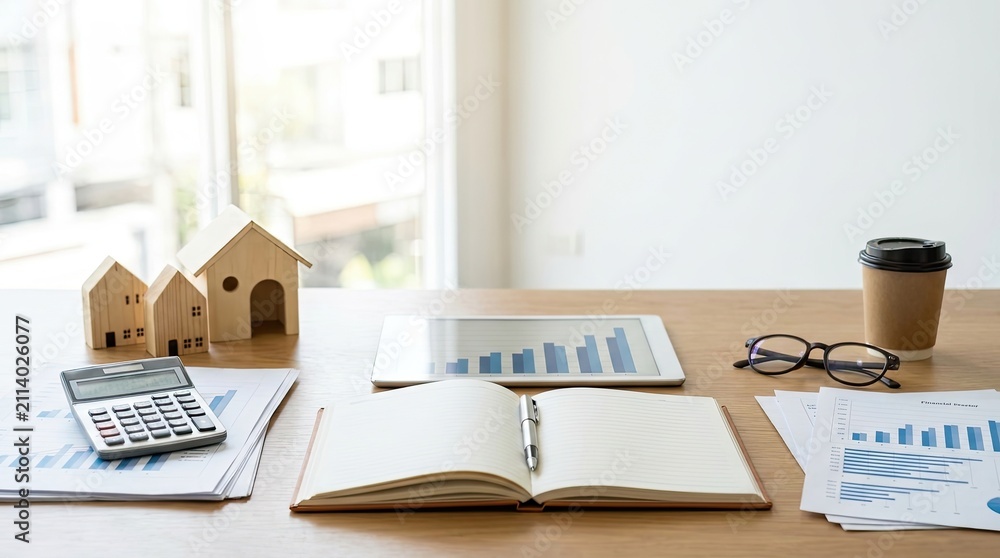 Fototapeta premium A person is working on financial documents at a wooden desk. A miniature house model, a calculator, a tablet displaying charts, a notebook, glasses, and a coffee cup are arranged on the desk.