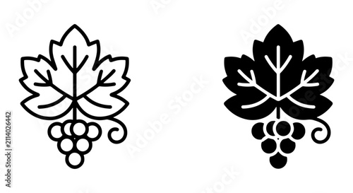 Grapevine Leaf and Bunch Vector Icons, Outline and Silhouette Styles, Organic Harvest Symbols