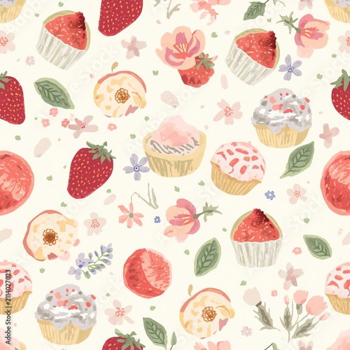 seamless pattern with cupcakes and berries