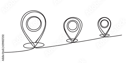 Continuous line drawing of three location pin map markers in a row