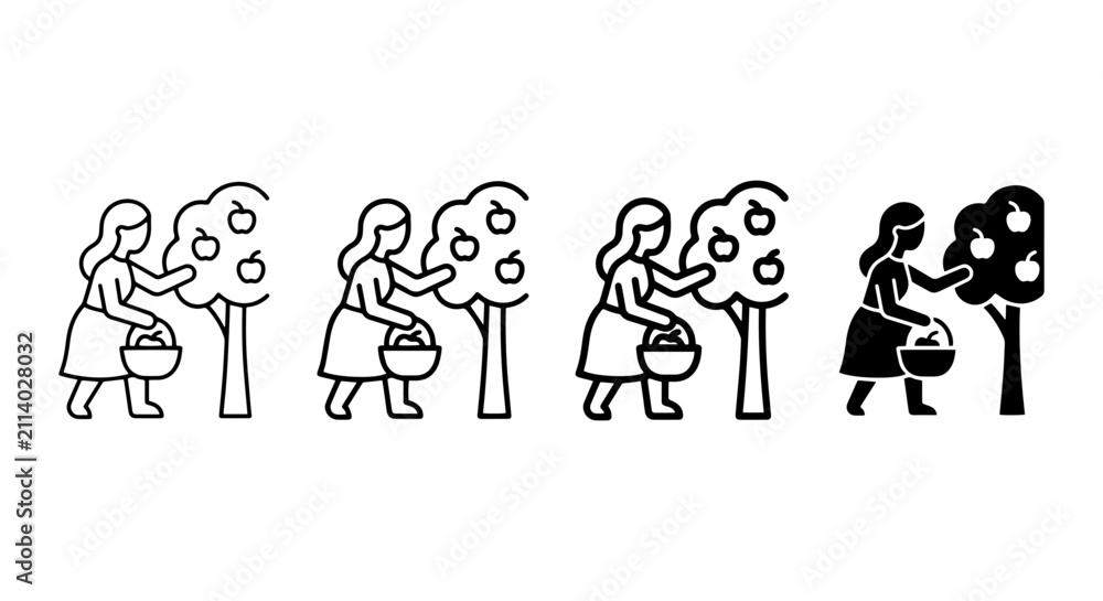 Fototapeta premium Apple Picking Icons, Woman Harvesting Fruit, Autumn Harvest Vector Set, Farm Scene Graphics