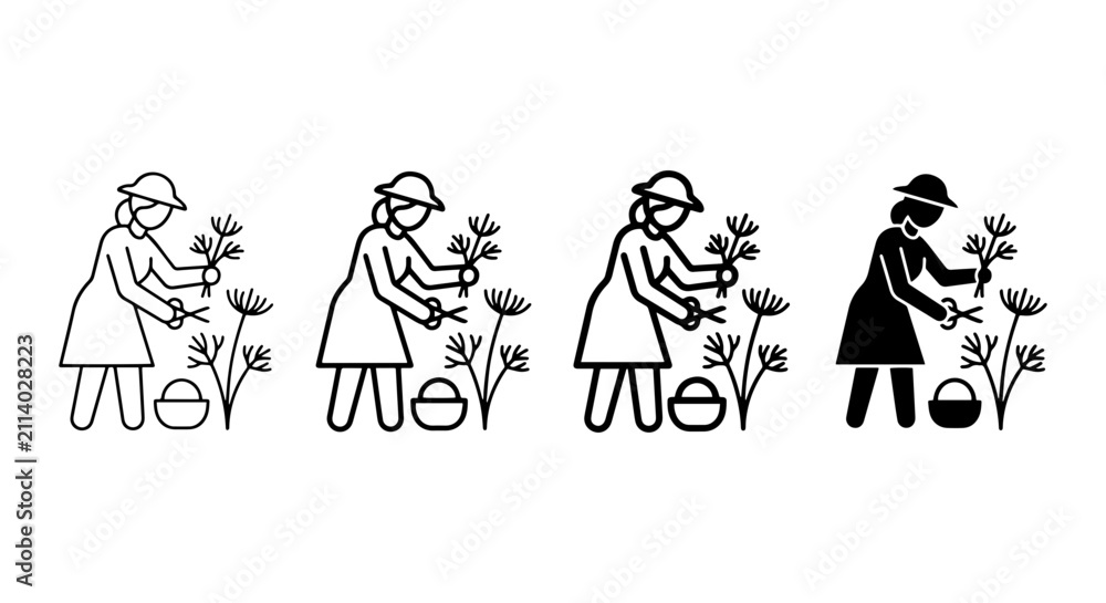 Fototapeta premium Gardening Icons Set: Woman Harvesting Plants, Floral Arrangement, Simple Line Art
