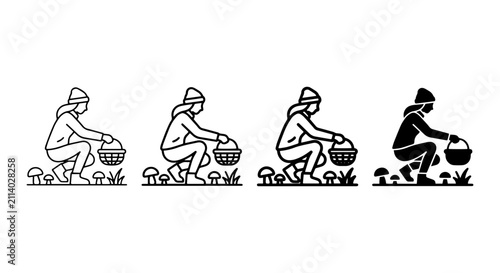 Bild auf Leinwand Mushroom Foraging Icons: Person Gathering Fungi in Forest, Outline & Silhouette