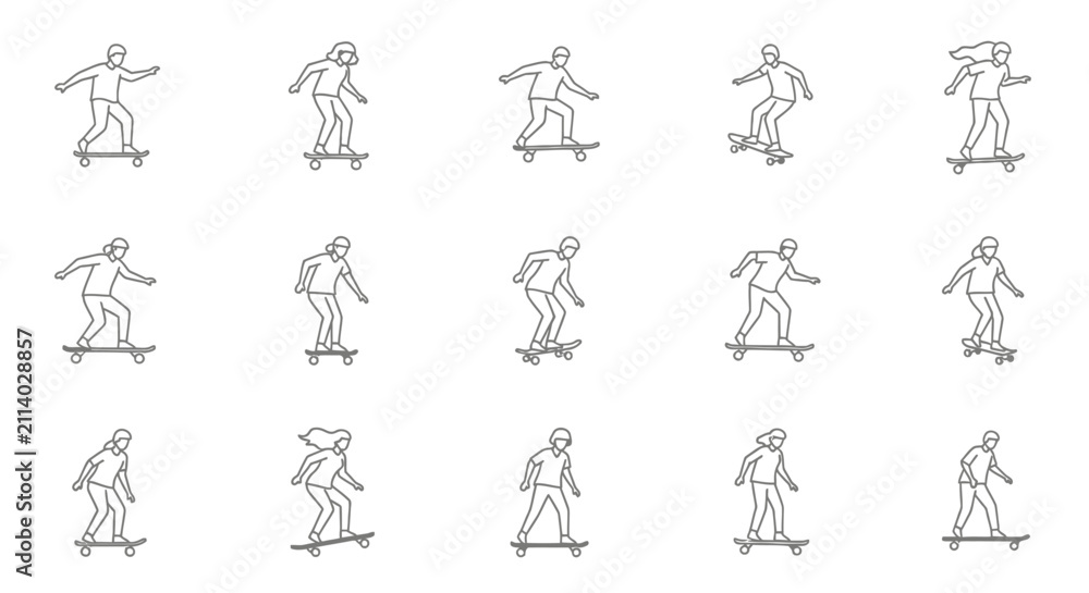 Obraz premium Skateboarders depicted in various dynamic riding poses showcase the energetic spirit of urban street sports through a series of sleek and modern outline illustrations for youth culture media.