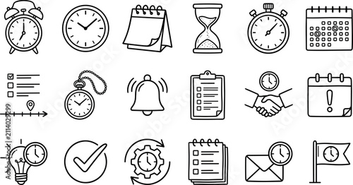Time management and productivity hand drawn line icon set business calendar stopwatch schedule planning vector illustration sketch template.