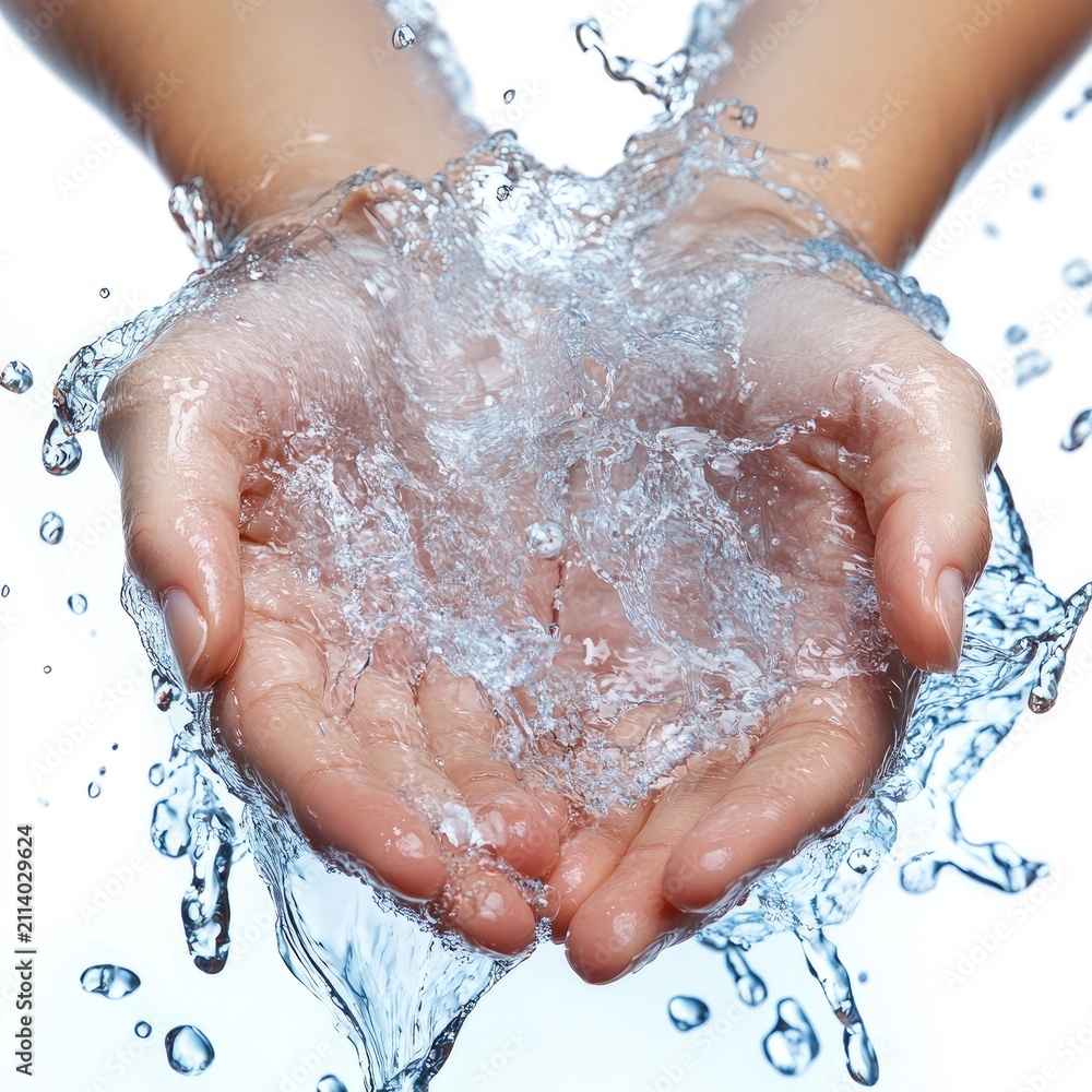 Fototapeta premium Hands Catching Water Splash with Droplets White Background