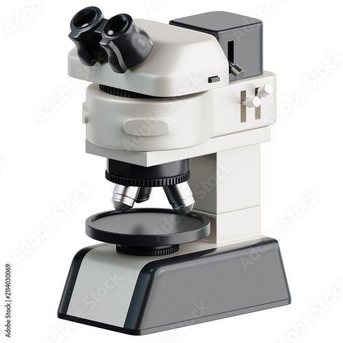 Modern optical microscope equipment standing upright in smooth 3D illustration isolated on transparent background for back to school science lab, STEM education and biology learning concept.