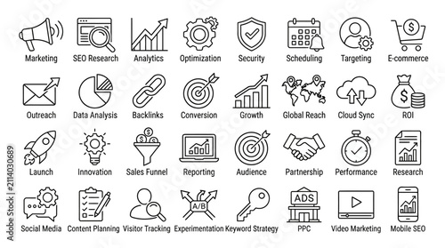 Marketing icons showcase a set of strategic business growth symbols designed for digital advertising and data analytics presentations.
