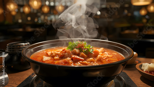 Steaming hot spicy stew served in a black bowl on a wooden table, restaurant background