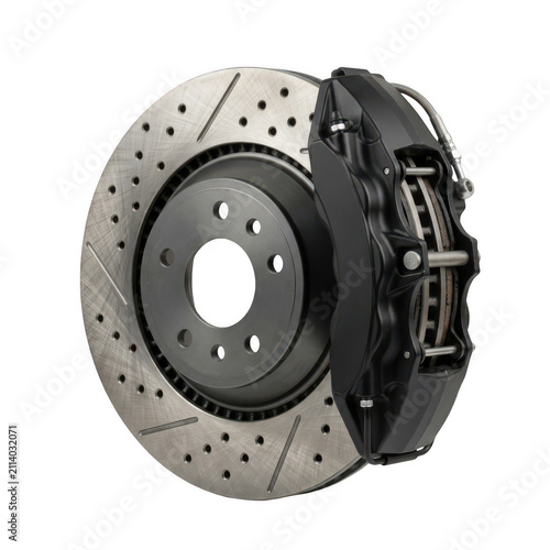 Performance car brake disc and caliper. Drilled and slotted rotor for automotive repair.