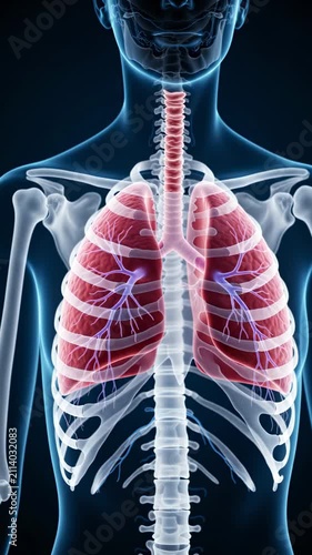 Anatomical illustration of human respiratory system showing lungs, rib cage, and spine in a glowing blue and red scientific view