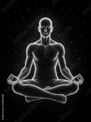 Glowing Wireframe Human Meditating in Lotus Pose with Futuristic Digital Energy on Black Background
