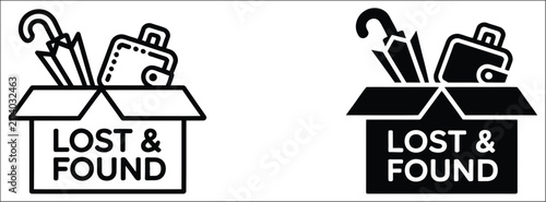 Lost and found box vector icon collection featuring umbrella, keys, wallet, luggage, personal belongings, property recovery, and customer service symbols in outline and solid styles isolated on white