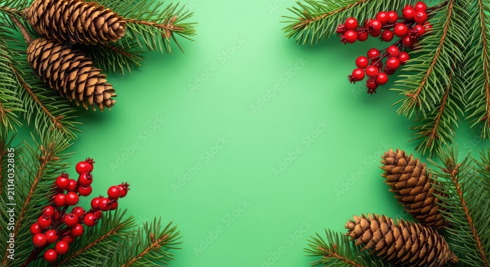 Obraz premium Natural evergreen pine branches frame a chroma key green background with textured pine cones and bright red winter berries for video overlay, pine, editing, forest