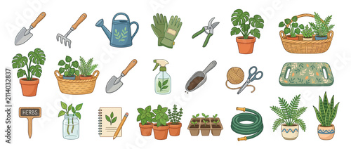Photography Gardening Tools and Plants Collection Illustration