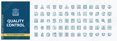 Professional quality control and compliance icon set featuring editable strokes for business use.