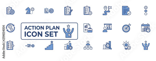 Professional business action plan and project management icon set for corporate organization.