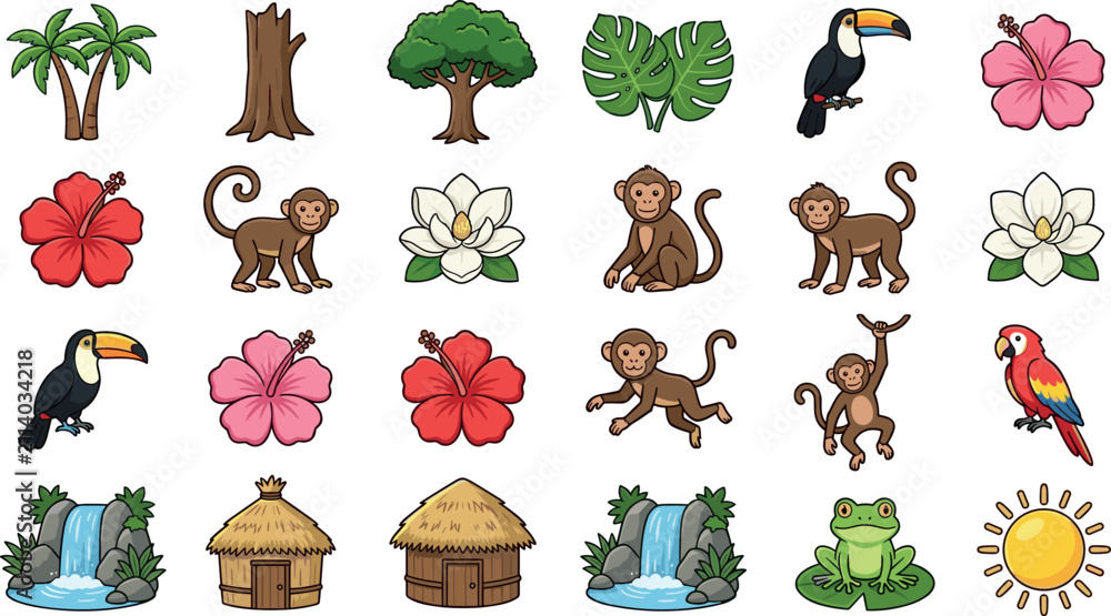 Fototapeta premium Tropical jungle safari elements colorful vector icon set featuring flat cartoon monkeys toucans parrot frog waterfall and palm trees