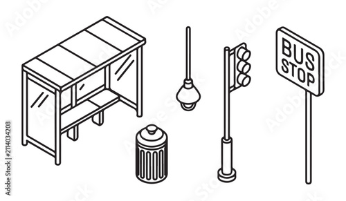 Isometric bus stop trash can street light and bus stop sign urban infrastructure elements.
