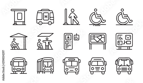 Line art icons for public transport bus stops and people universal accessibility symbols.