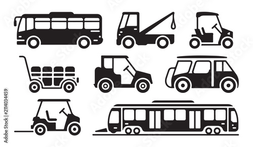 Bus, tow truck, golf cart and train set, commercial and recreational vehicles vector silhouette.