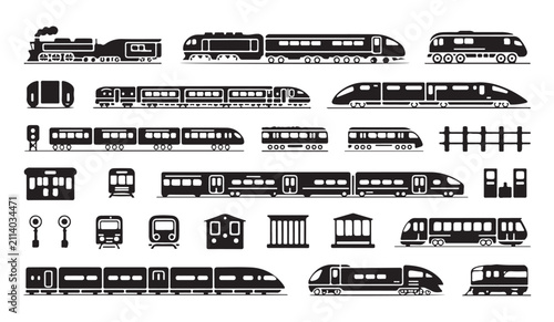 Canvastavla Train and metro public transport vector icons set, different type railway carriages silhouette