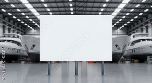 Blank white billboard in a large industrial hangar with luxury yachts in the background, ready for customization.