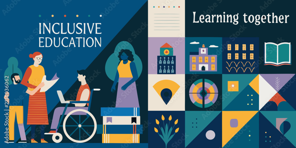 Obraz premium inclusive education vector illustration with diverse students and school elements learning together wheelchair books building people classroom teaching knowledge community diversity inclusion graphic