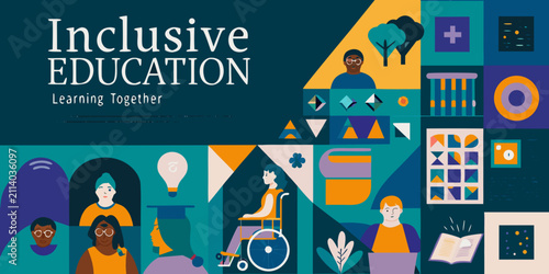 inclusive education vector illustration with diverse students learning together classroom scene wheelchair glasses books trees shapes colors modern design concept community togetherness accessibility