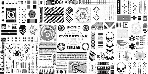 Obraz na płótnie cyberpunk asset kit with dense black and white patterns and symbols grunge vecto