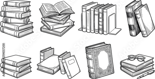Принти на полотні Vintage hand drawn books vector set with library stacks open textbook bookends a