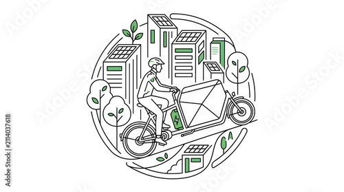 A line-art illustration of an electric cargo bike courier weaving through a stylized city suitable for green logistic concept. 
